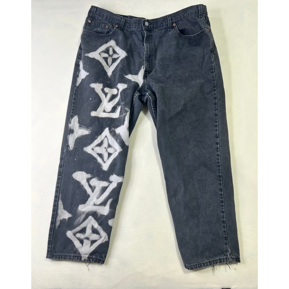 Vintage Levi's 550 Black Jeans 46x30 Made in USA Custom Bleached LV Relaxed Fit